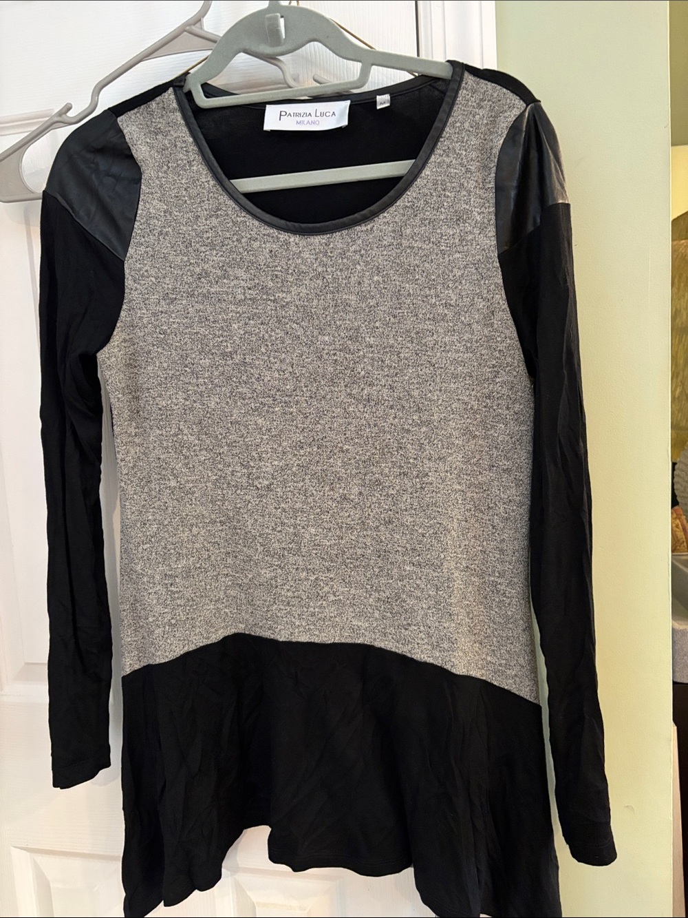 Patrizia Luca Gray Front with Black Sleeves & Hem Long Sleeve Top